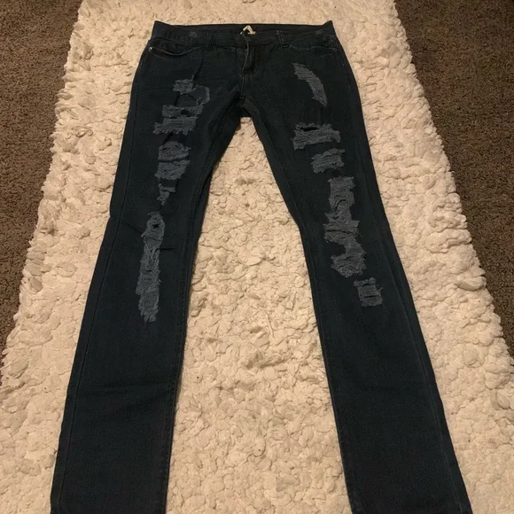 Forever 21 2.1 Women’s Denim Dark Blue Distressed Destroyed Skinny Jeans 28x32 - Picture 4 of 15